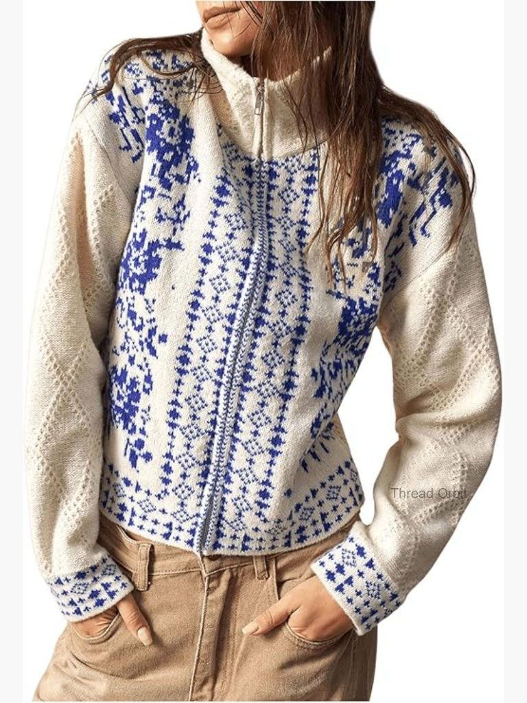 Boho Floral Print Long Sleeve Zip Cardigan Sweater Knitwear
